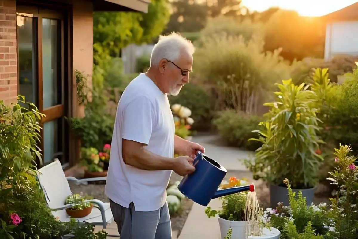 Hands watering container plants