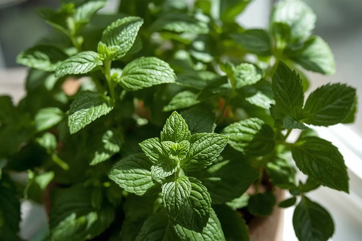 Mint and lemon balm leaves in a small garden bed