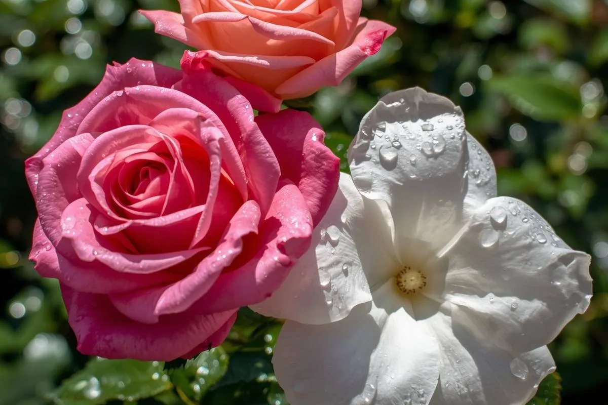 Blooming roses and gardenias in full sun