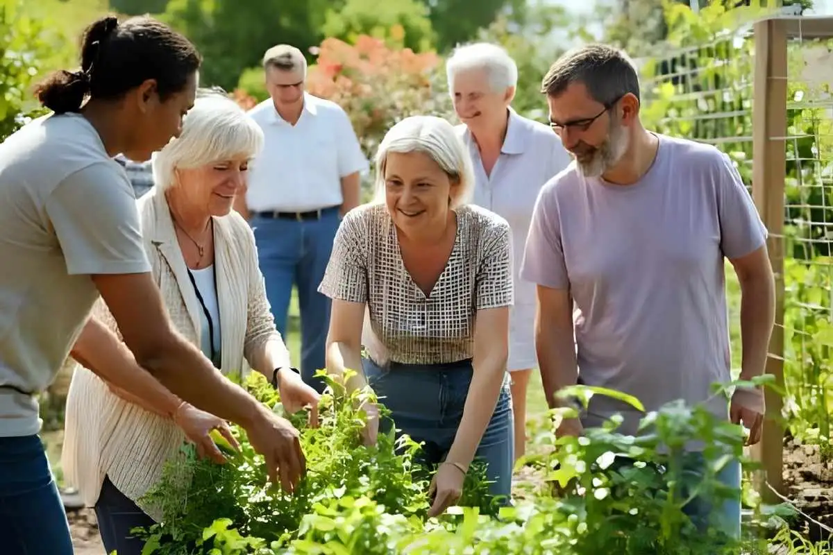 Seniors gardening together in a community space