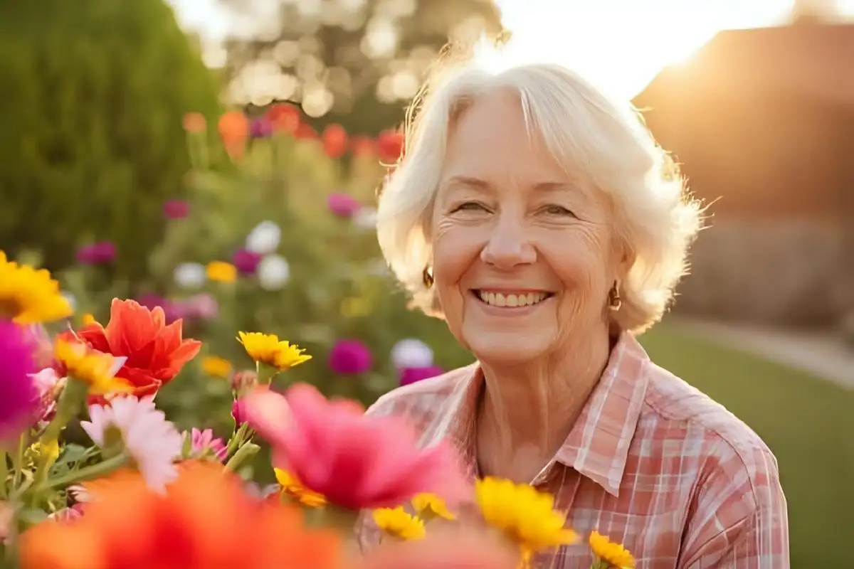 Senior woman smiling in her flower garden
