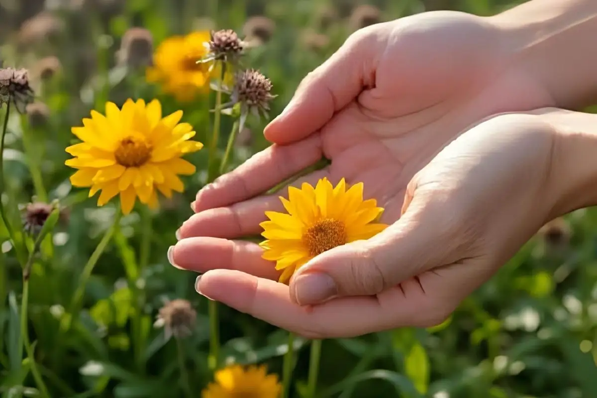 Close-up of hands touching aromatic herbs and flowers