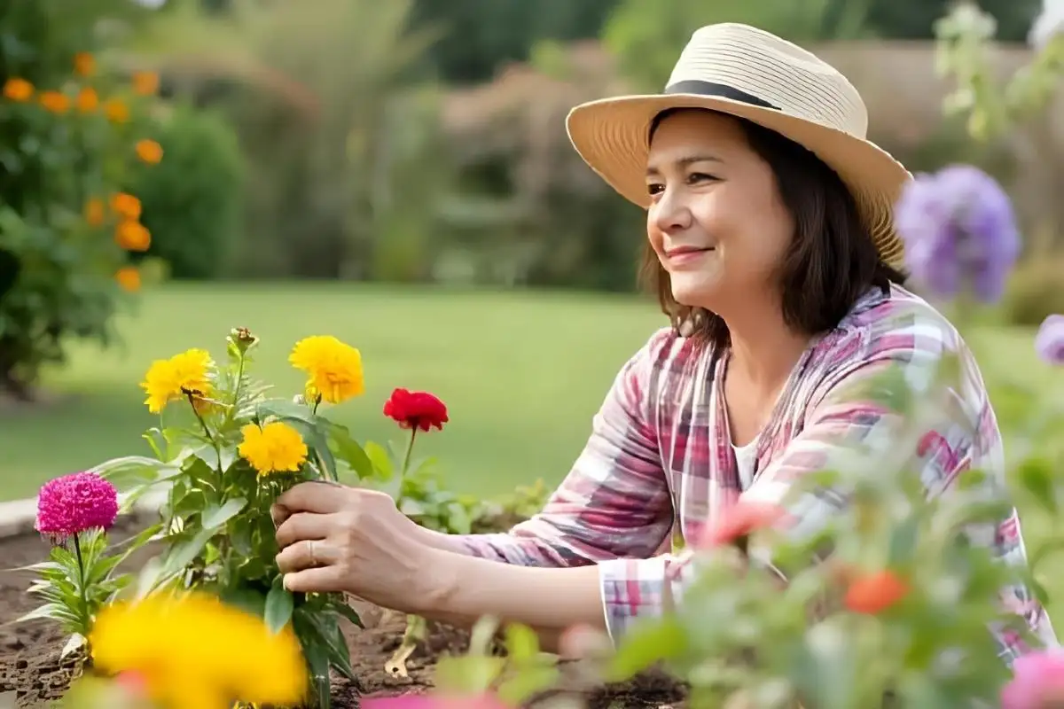 Senior relaxing while tending to plants