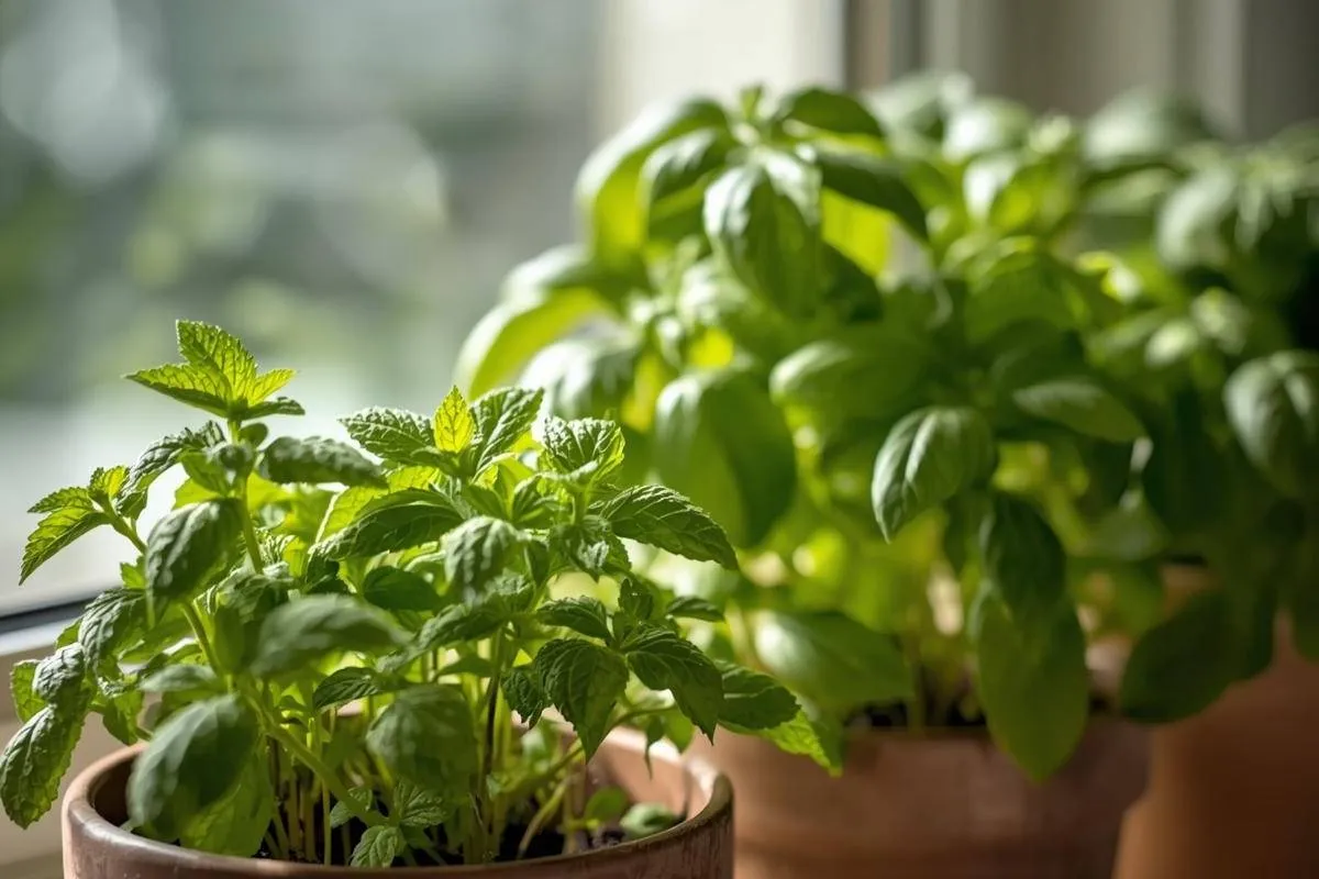 Indoor herbs thriving under soft light