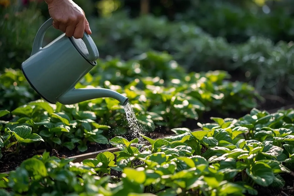 Hands watering garden plants with care