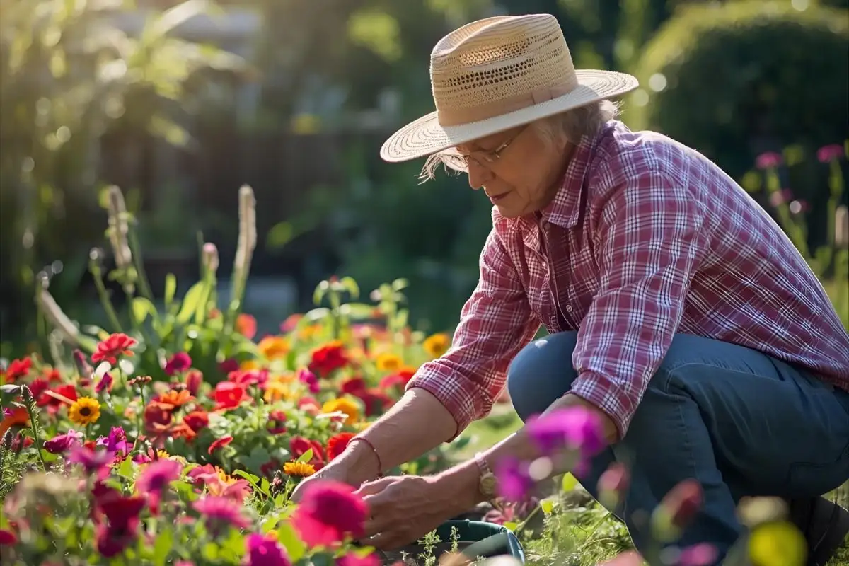 Senior woman tending to colorful garden flowers