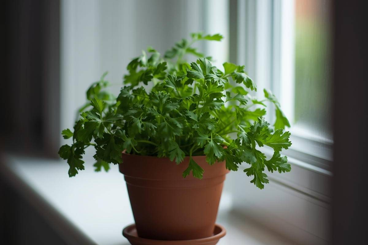 Cilantro plant on a kitchen windowsill