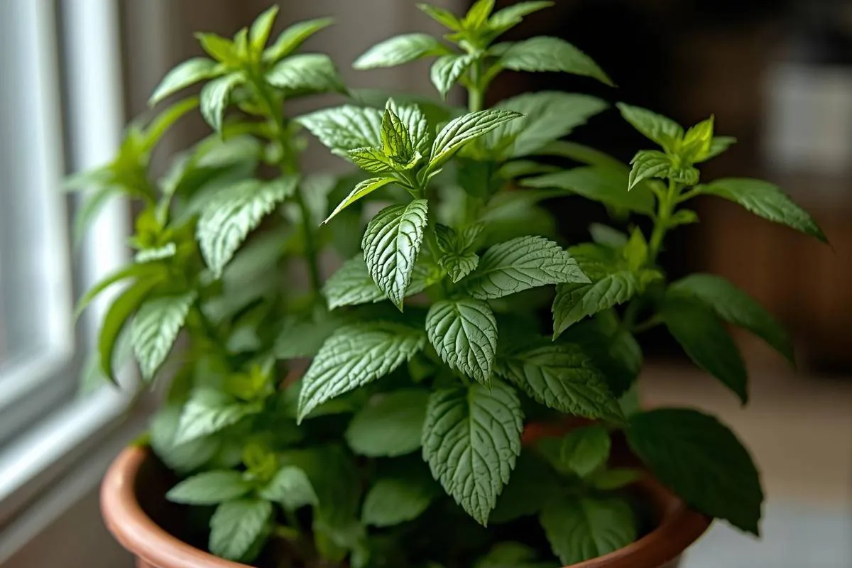 Lemon balm leaves glowing in soft light