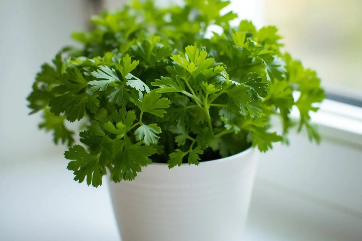 Parsley growing on an indoor kitchen counter