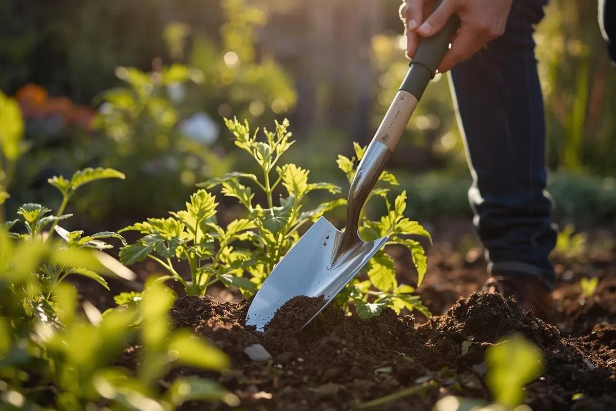 Person composting kitchen scraps in small garden