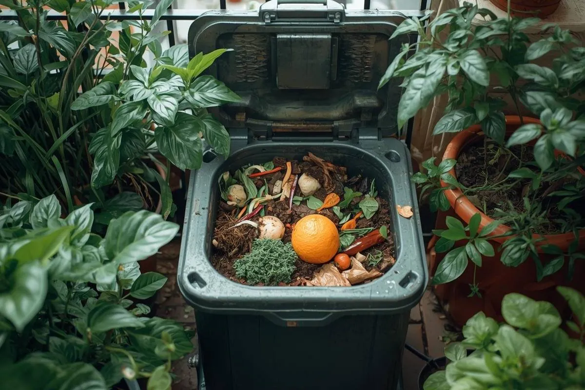 Small compost bin in home garden