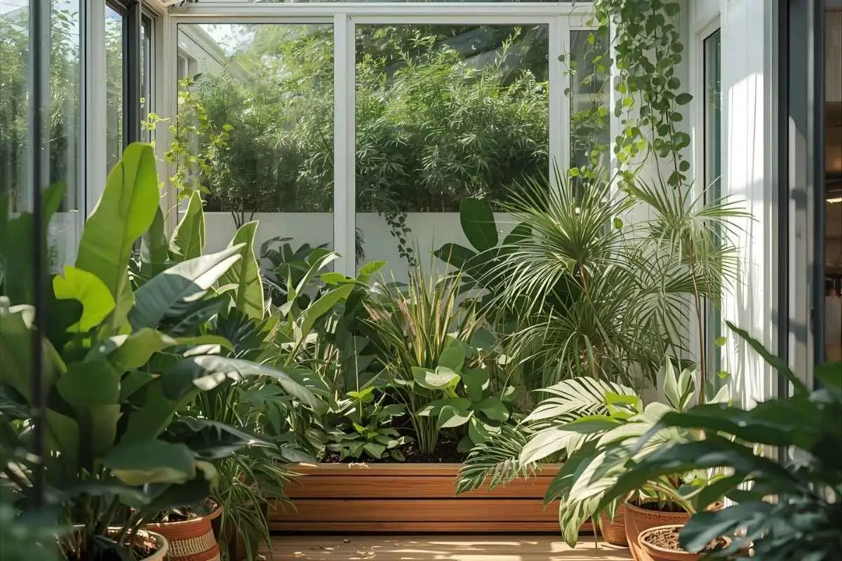 Lush indoor plants in bright sunlight