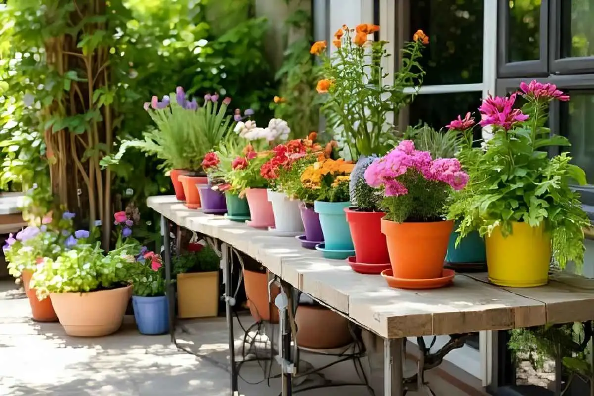 Colorful container plants arranged on an accessible table