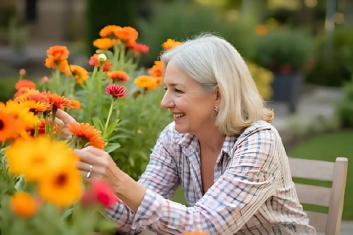 Smiling senior enjoying flowers from seated garden setup
