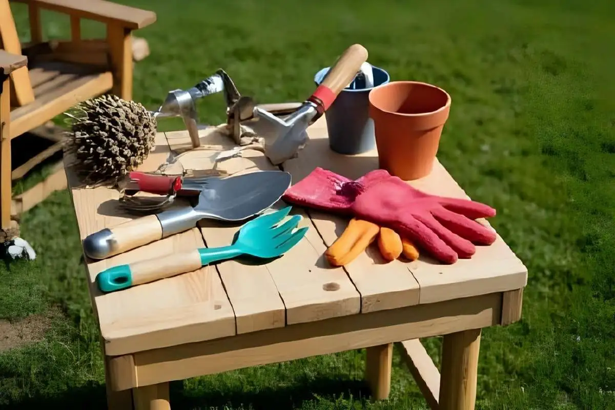Gardening tools organized on a small table