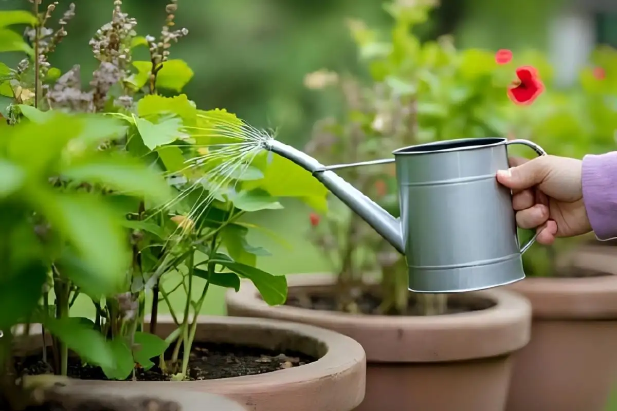 Using a lightweight watering can for raised plants