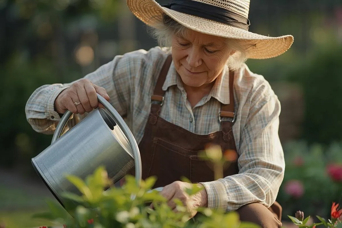 Senior enjoying watering plants mindfully
