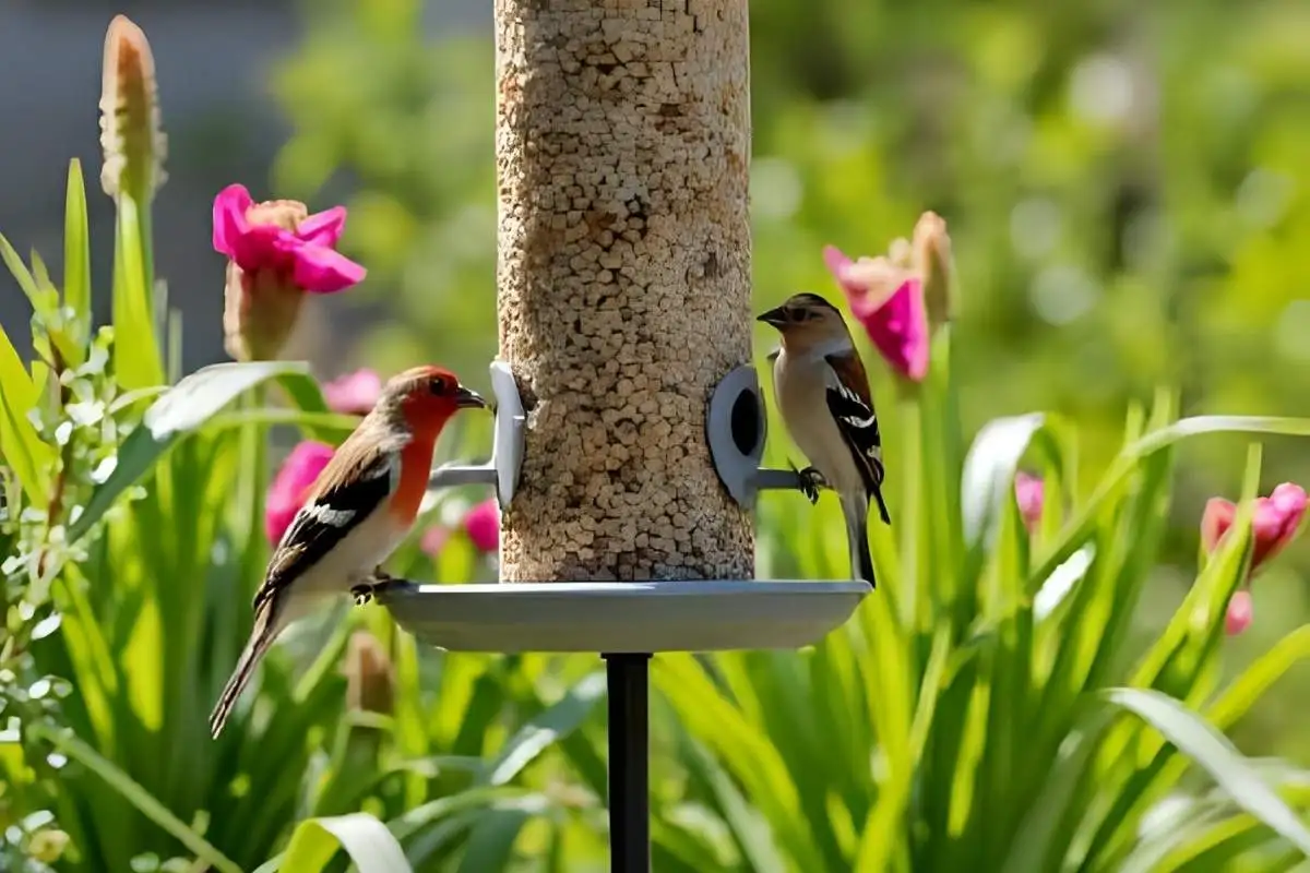 Birds feeding near a hanging feeder in the garden