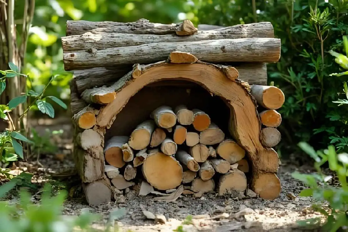 Insect shelter made from logs and twigs in a cozy garden corner