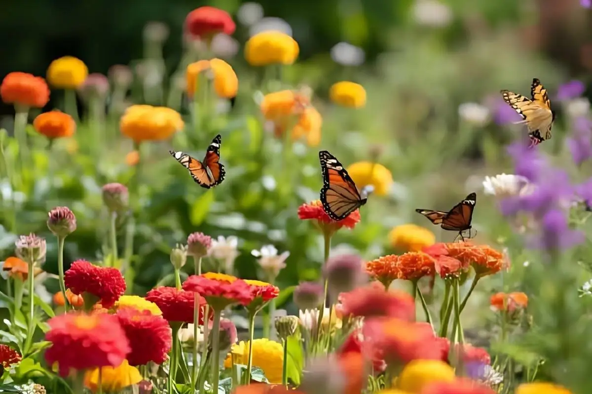 Colorful wildlife-friendly garden filled with flowers and butterflies